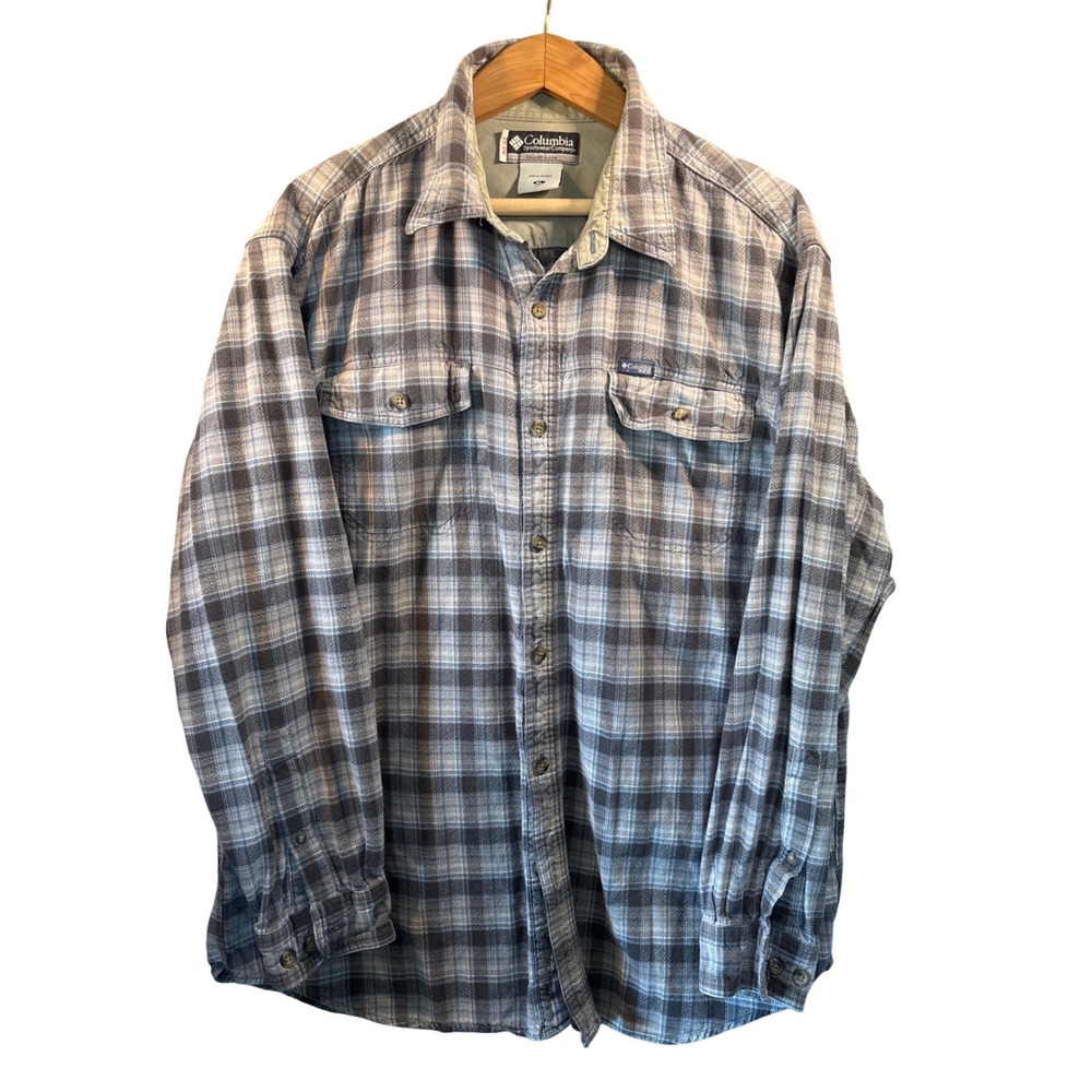 Columbia Sportswear XCO Mens XL Blue Gray Plaid Cotton Flannel Shirt AM7447